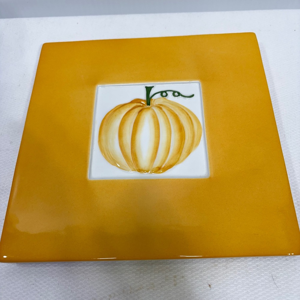 Crate & Barrel Pumpkin Trivet 7.75" Made in Italy Yellow Ceramic Fall 603-163